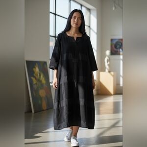 Yishitai Black Textured Cotton Linen Maxi Dress 3/4 Sleeve Size 165/88A M-L